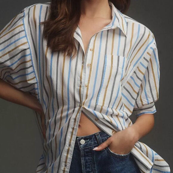 Anthropologie Tops - Anthropologie Pilcro Painter Buttondown Shirt Oversized Short Sleeve Striped